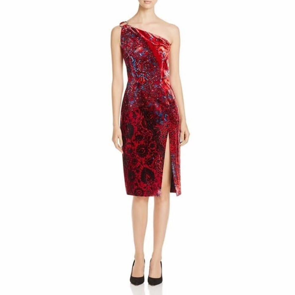 Elie Tahari Carter One Shoulder Red Velvet Dress 6